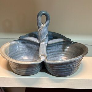 Handmade Blue Ceramic Divided Serving Dish with handle